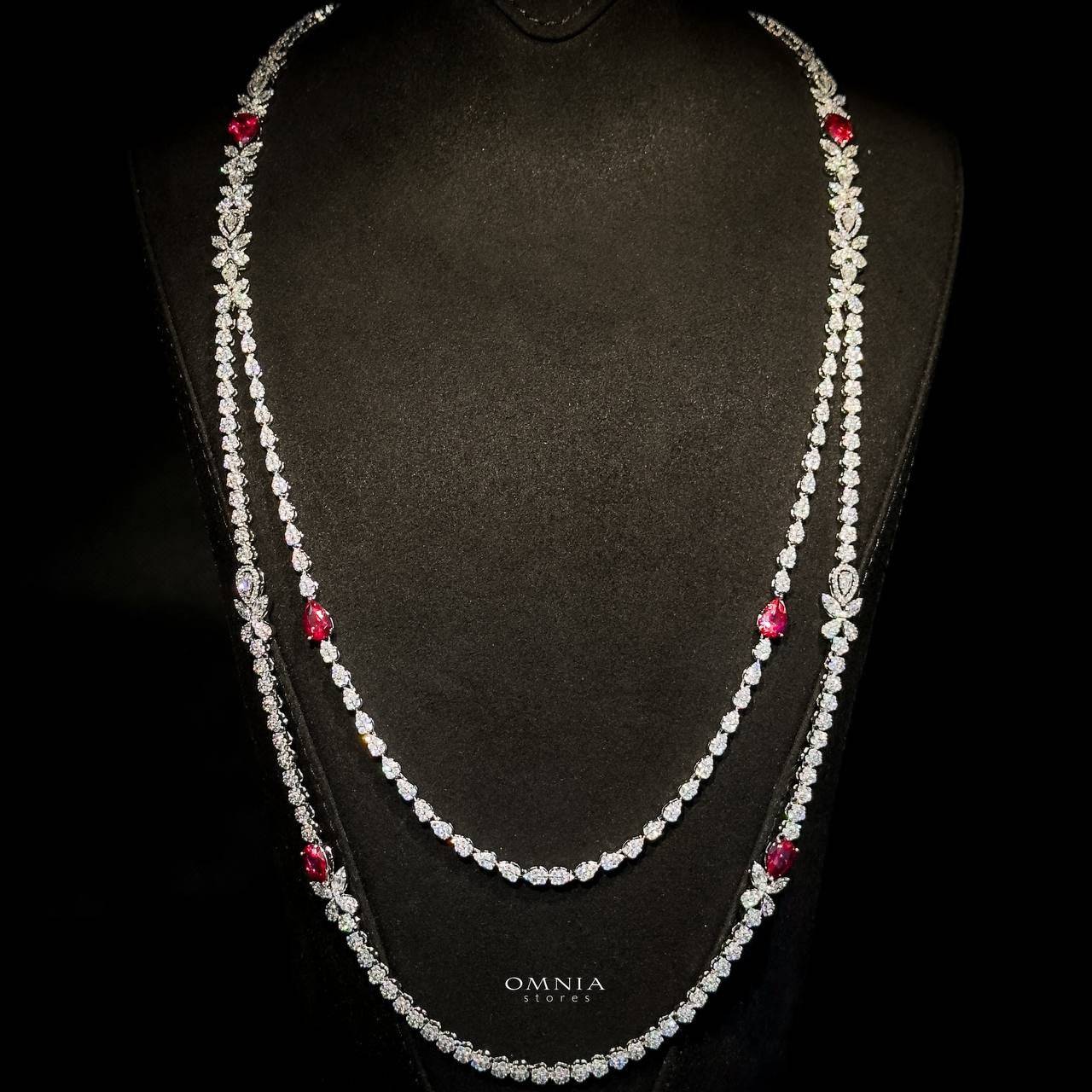 Omnia Yaza Bridal Red Long chain Set High Quality Zircon Stone In Rhodium Plated - OMNIASTORES UAE
