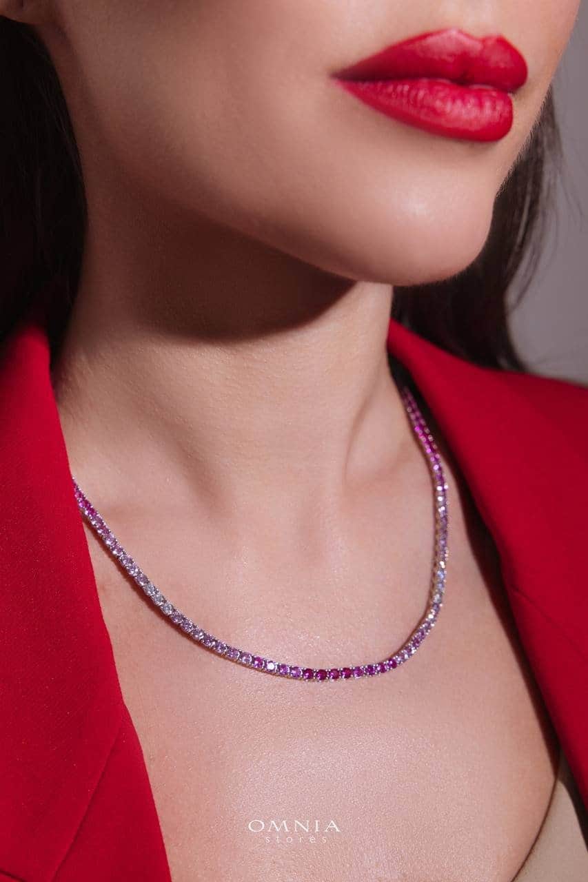 Omnia Saleen Pink 3mm Tennis Necklace 42cm in 925 Silver High Quality Simulated diamonds - OMNIASTORES UAE