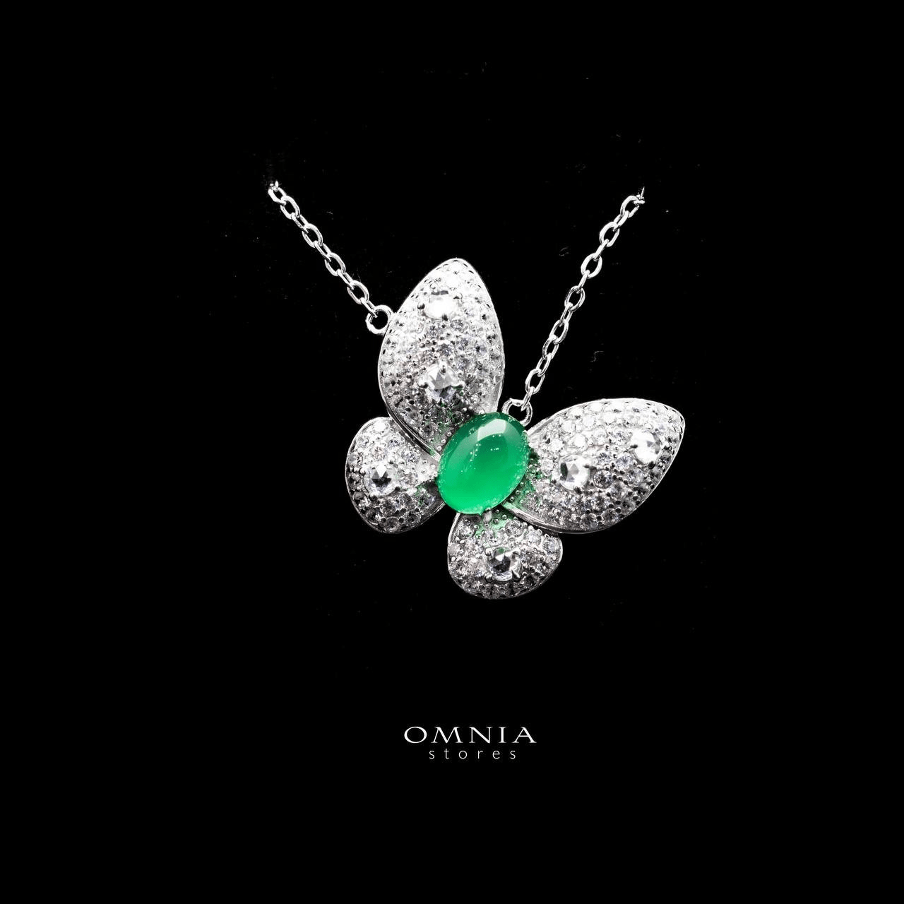 Omnia Layan Butterfly Pendant Necklace with Emerald Stone in 92.5 Silver High Quality Simulated Diamonds - OMNIASTORES UAE
