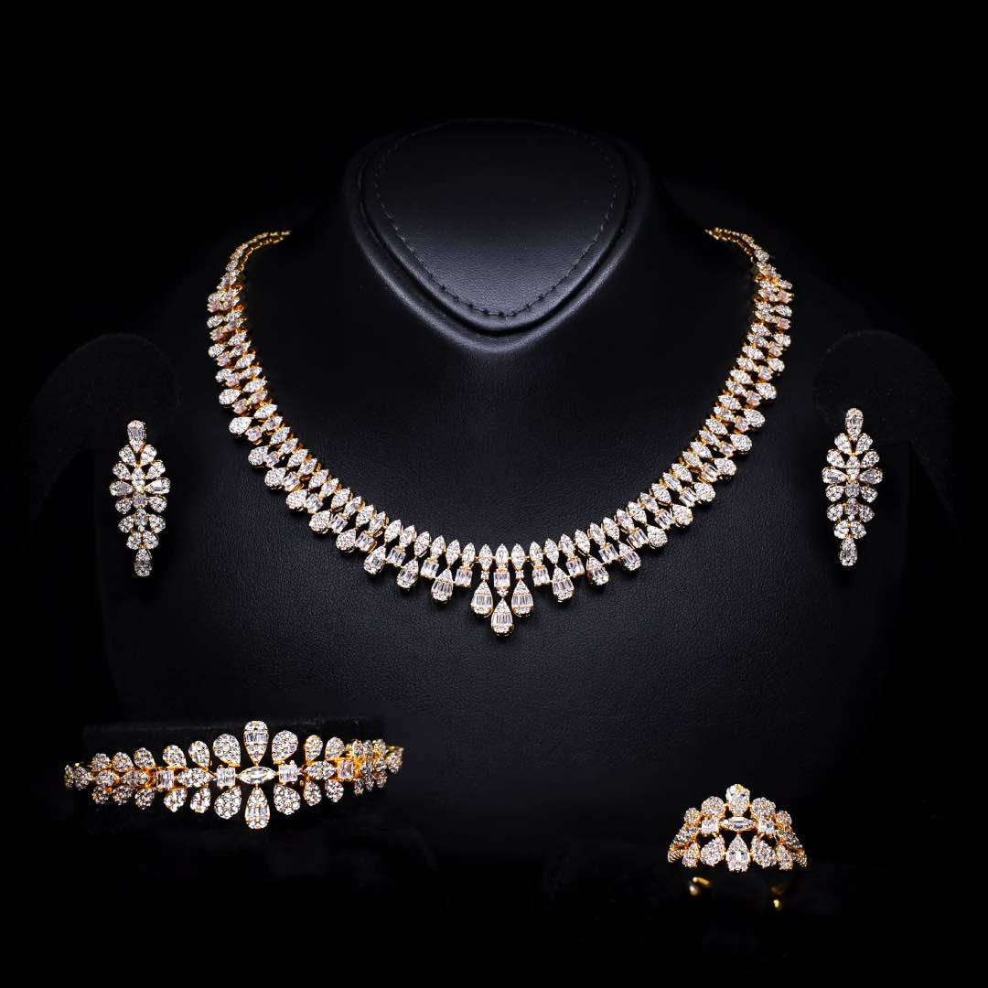 Omnia Elaf Golden Bridal Full Set in High Quality Zircon Stone in Rhodium Plated - OMNIASTORES KSA