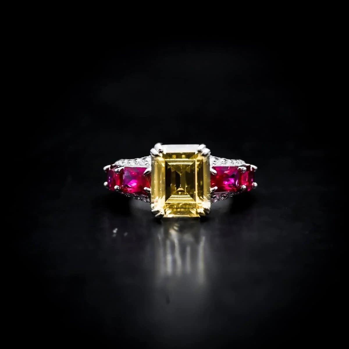 Omnia Zayna Yellow Emerald Cut Ring 92.5 Silver with High-Quality Simulated Diamonds and Ruby Accents - OMNIASTORES UAE