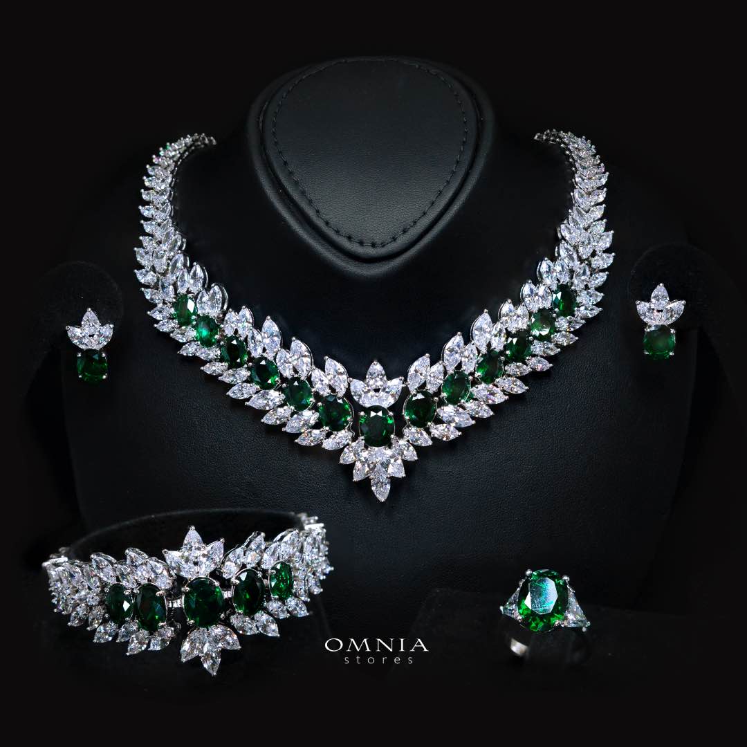 Omnia Buthaina Green Bridal Full Set High Quality Simulated Diamonds Premium Rhodium Plated - OMNIASTORES UAE