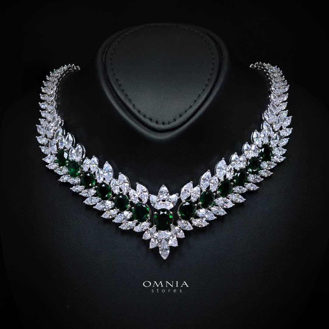 Omnia Buthaina Green Bridal Full Set High Quality Simulated Diamonds Premium Rhodium Plated - OMNIASTORES UAE