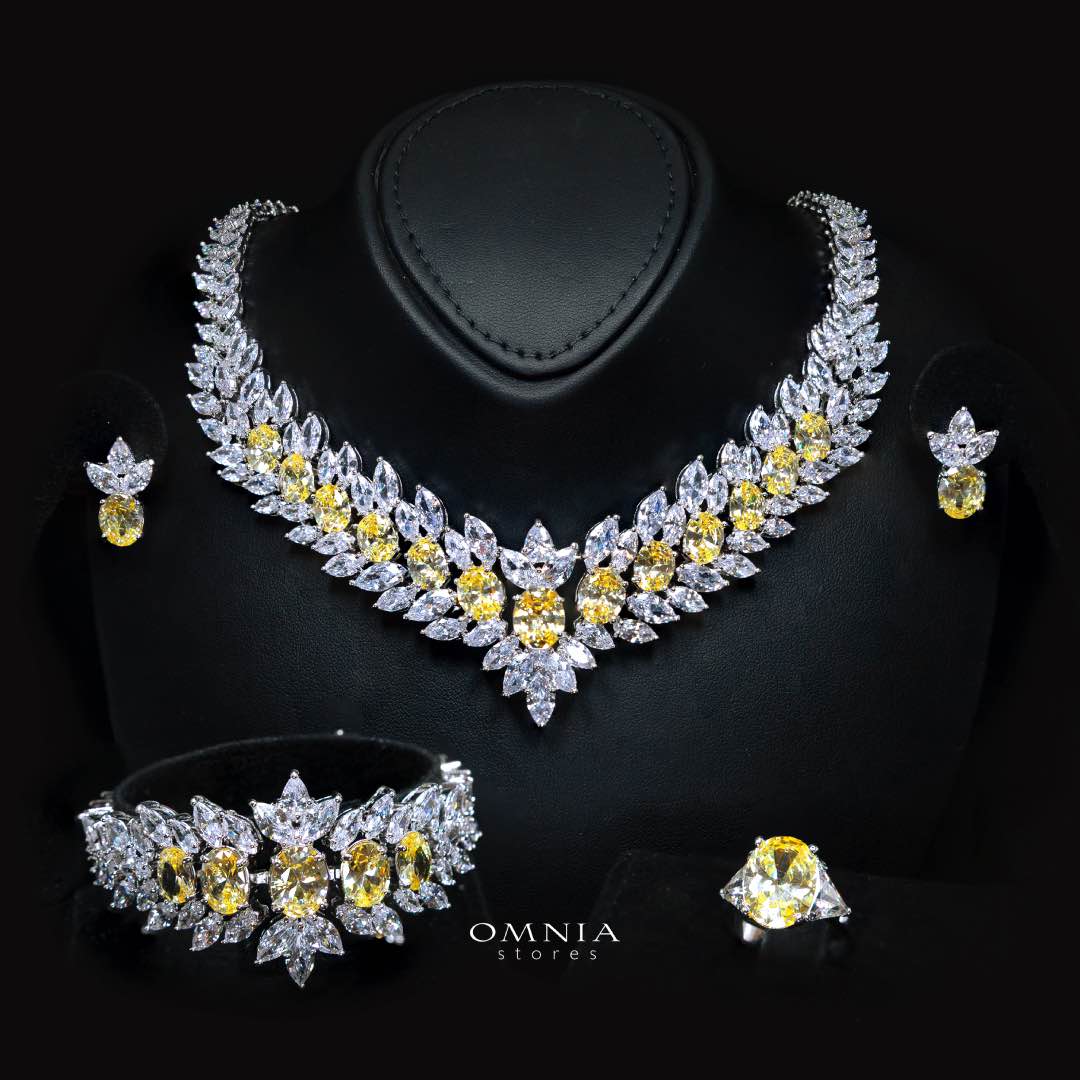 Omnia Buthaina Yellow Bridal Full Set in High Quality Simulated Diamonds Premium Rhodium Plated - OMNIASTORES UAE