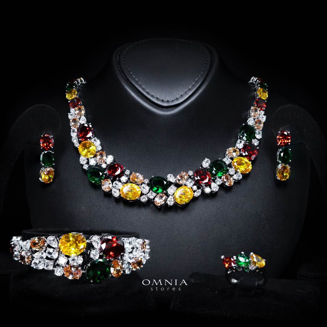 Omnia Artemis Bridal Set in Green Yellow and Red Simulated Diamonds