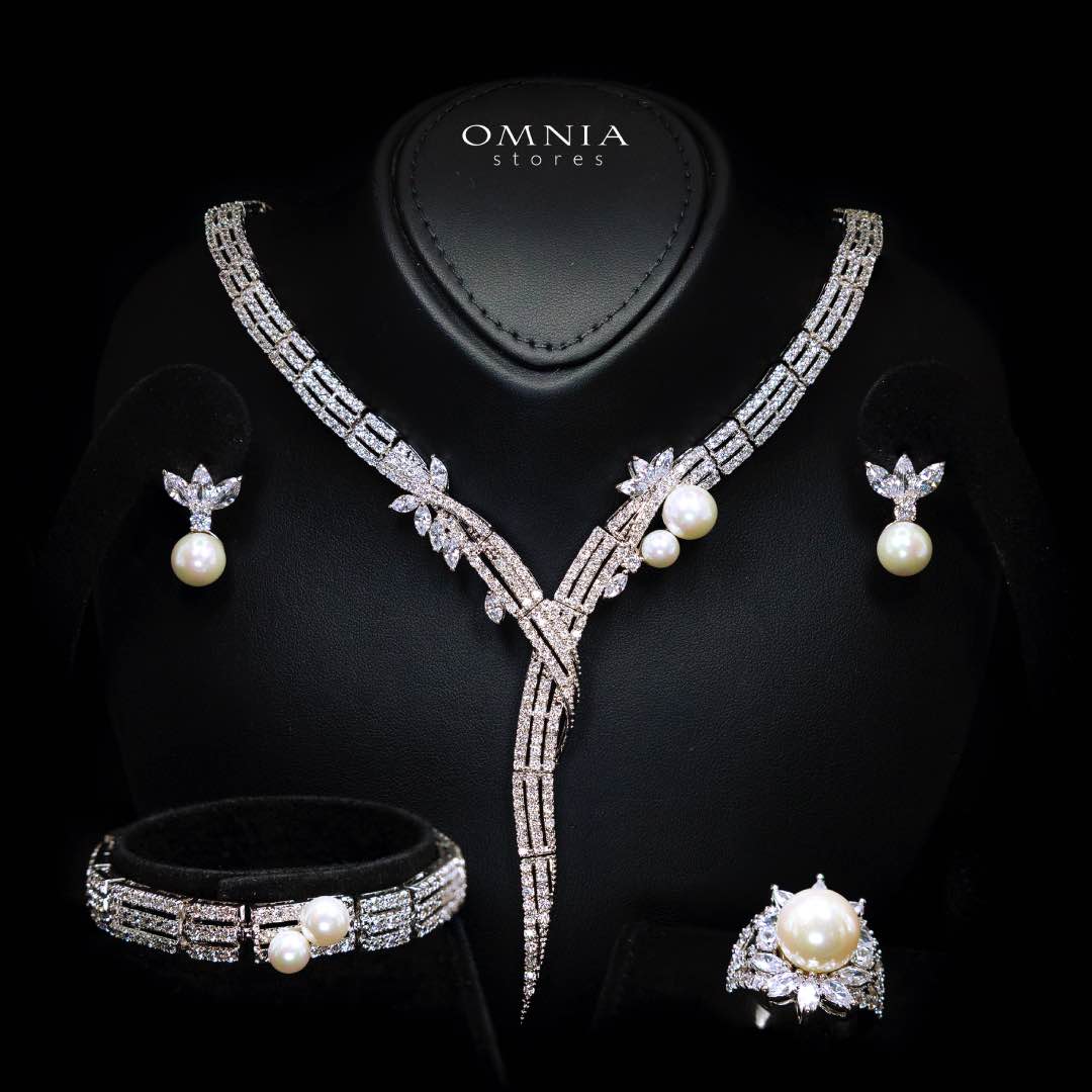 Omnia Larman Luxury Bridal Pearl Full Set in High Quality Simulated Diamonds - OMNIASTORES KSA