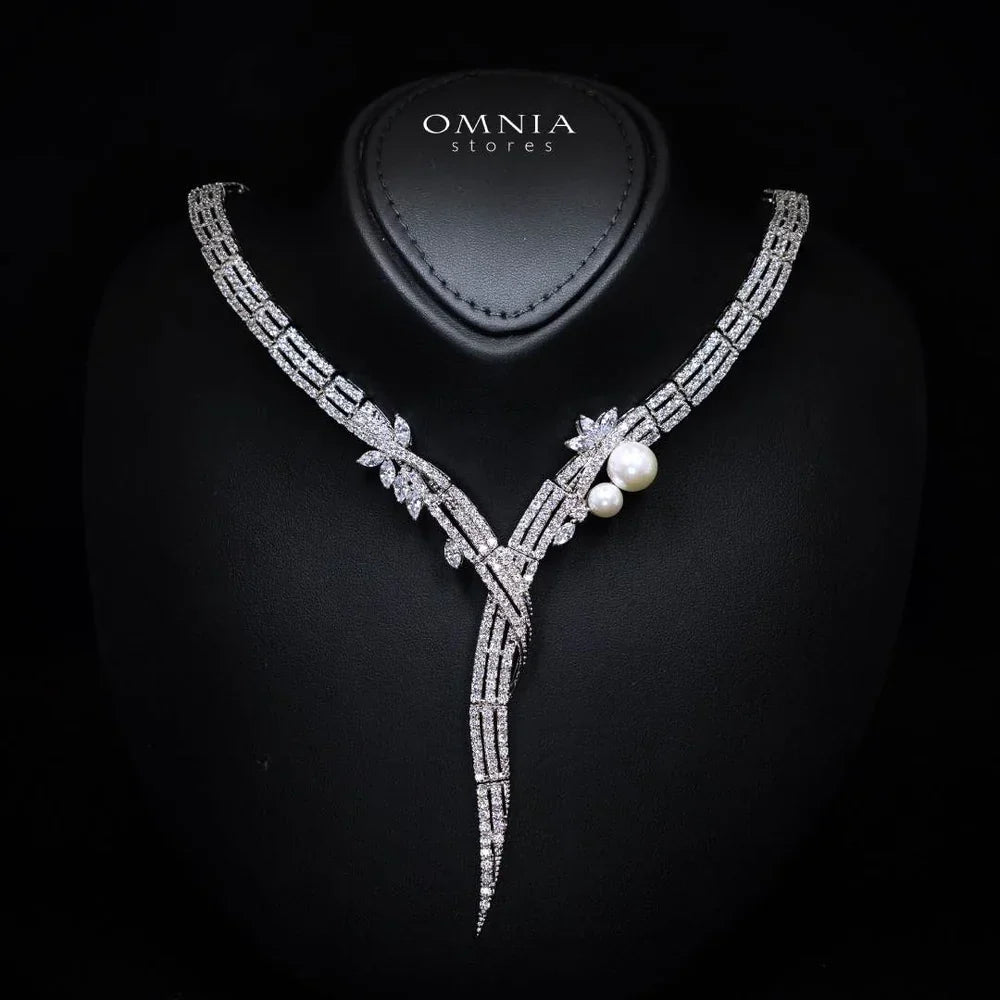 Omnia Larman Luxury Bridal Pearl Full Set in High Quality Simulated Diamonds Premium Rhodium Plated