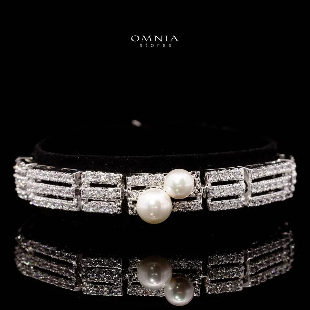 Omnia Larman Luxury Bridal Pearl Full Set in High Quality Simulated Diamonds Premium Rhodium Plated