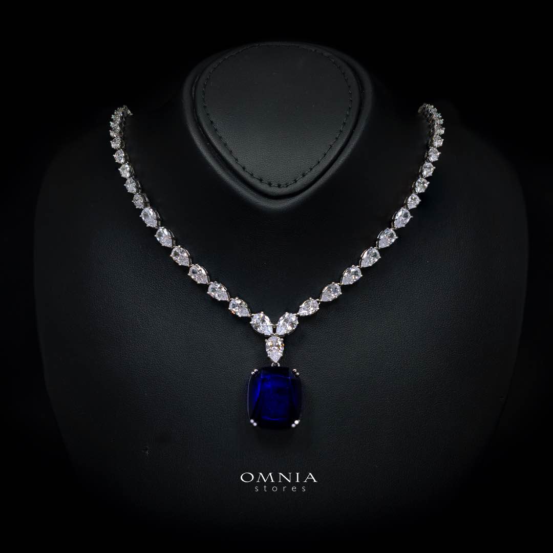 Omnia Audrey Blue Luxury Bridal Full Set in High Quality Simulated Diamonds with Cushion Cut Stones, Rhodium Plated