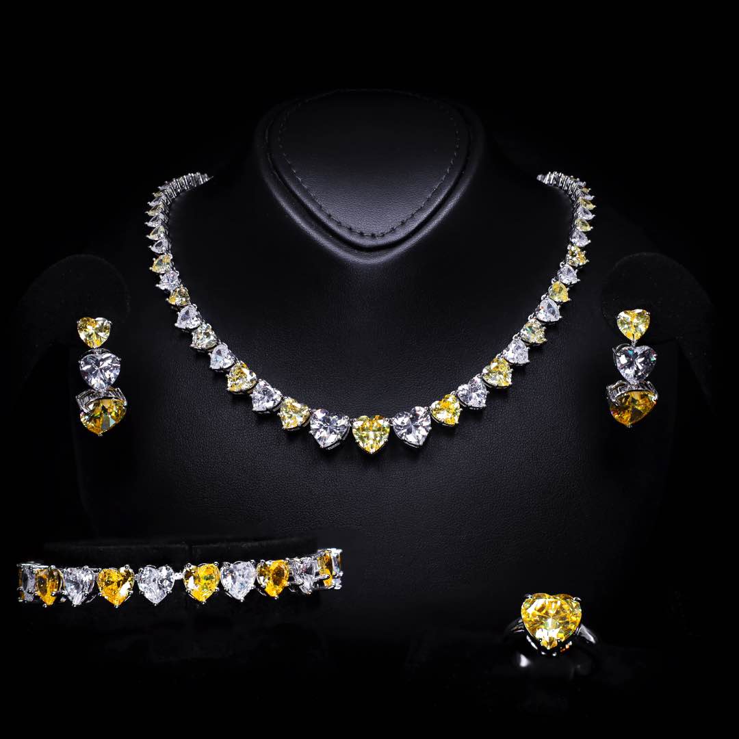 Omnia Donatella Yellow Luxury Bridal Full Set with Heart-Cut High Quality Simulated Diamonds Premium Rhodium Plated - OMNIASTORES UAE
