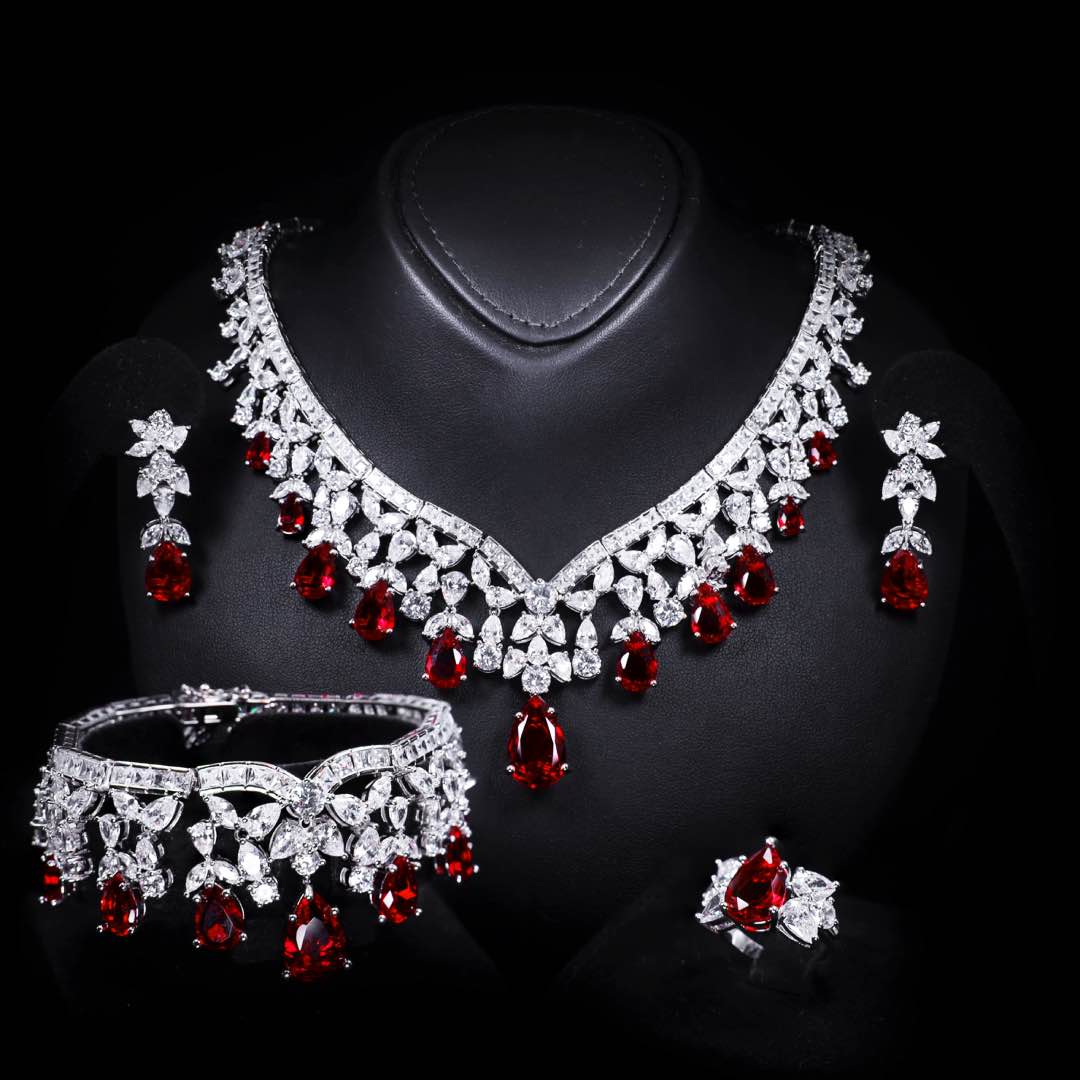 Omnia Princess Bridal Full Set with Pear-Cut White and Red High Quality Simulated Diamonds Premium Rhodium Plated - OMNIASTORES KSA