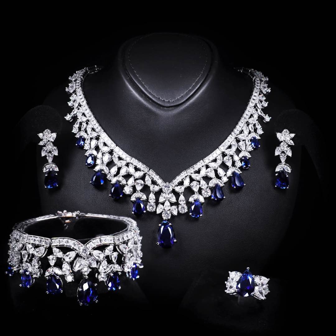 Omnia Princess Dark Blue Bridal Full Set in High Quality Simulated Diamonds Premium Rhodium Plated - OMNIASTORES UAE