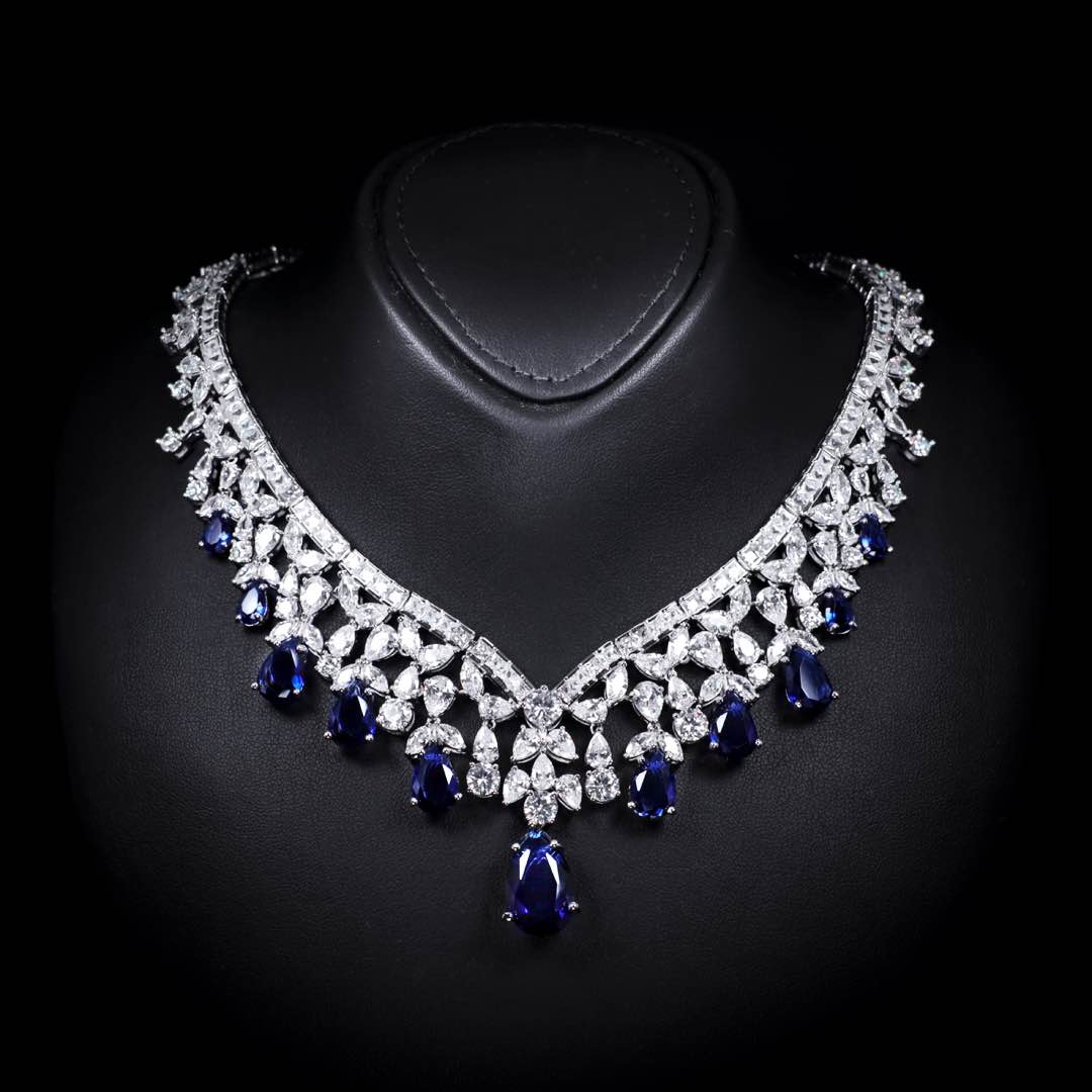 Omnia Princess Dark Blue Bridal Full Set in High Quality Simulated Diamonds Premium Rhodium Plated - OMNIASTORES UAE