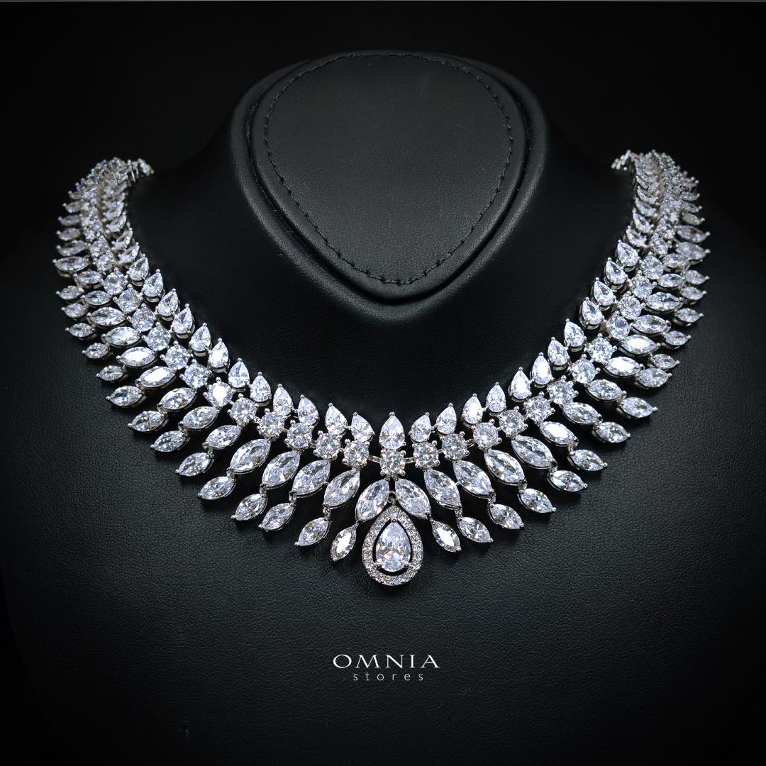Omnia Zakiyah Luxury Bridal Full Set in High Quality Simulated Diamonds with Pear and Marquise Cut Stones, Rhodium Plated - OMNIASTORES KSA