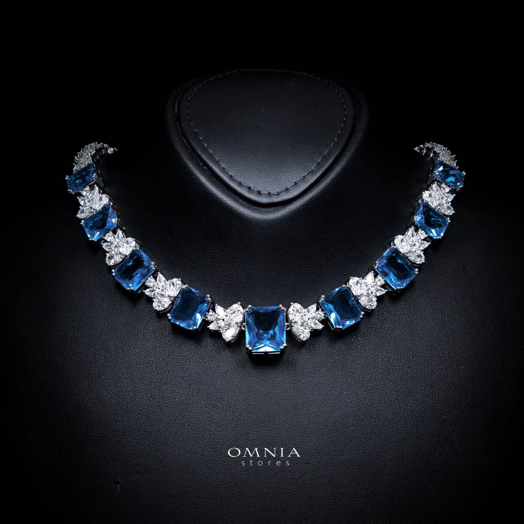 Omnia Amelia Sky Blue Bridal Full Set with Emerald and Pear-Cut High-Quality Simulated Diamonds - OMNIASTORES KSA