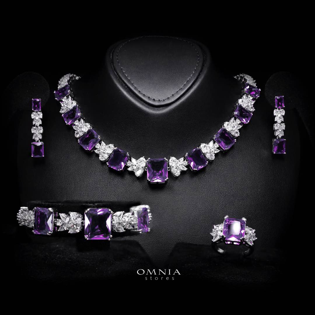 Omnia Amelia Purple Bridal Full Set in High Quality Simulated Diamonds - OMNIASTORES KSA