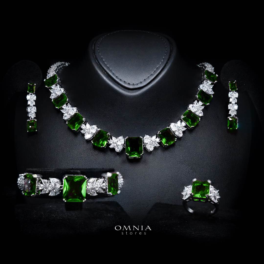 Omnia Amelia Green Bridal Full Set with Emerald and Pear-Cut High-Quality Simulated Diamonds in High-Quality Rhodium Plating - OMNIASTORES KSA