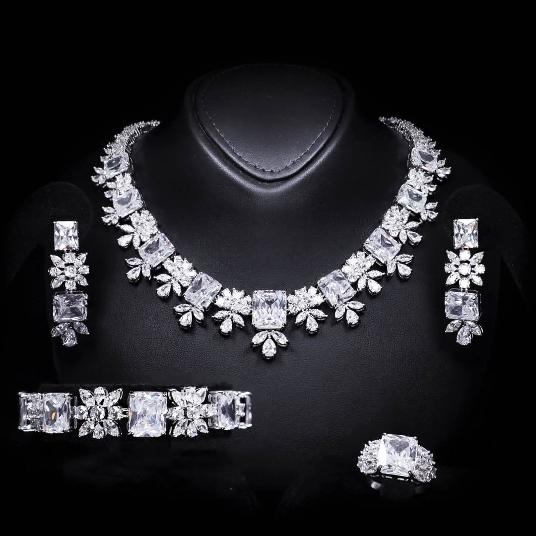 Omnia Charlotte Pure White Bridal Full Set with Emerald and Pear-Cut High Quality Simulated Diamonds Premium Rhodium Plated - OMNIASTORES UAE