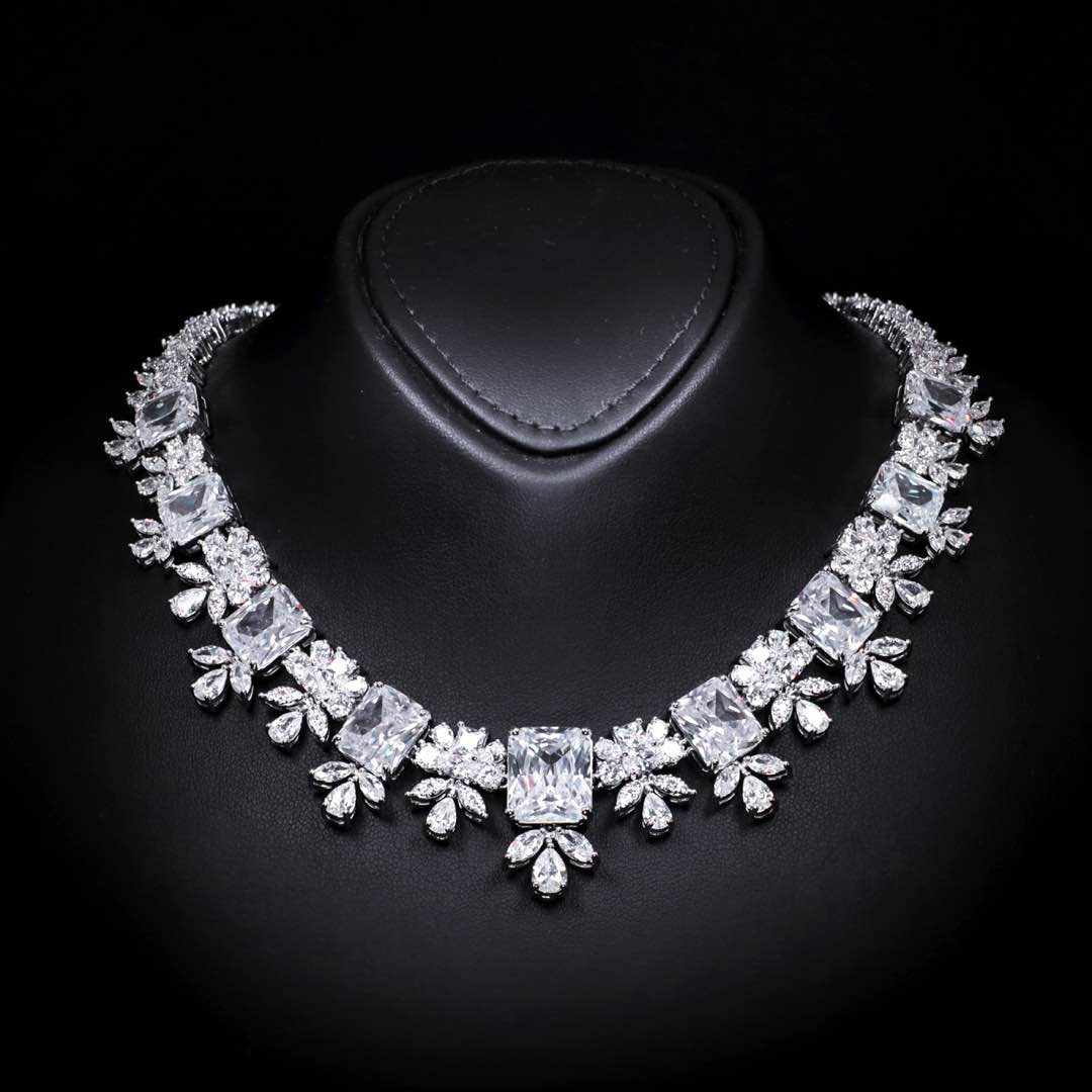 Omnia Charlotte Pure White Bridal Full Set with Emerald and Pear-Cut High Quality Simulated Diamonds Premium Rhodium Plated