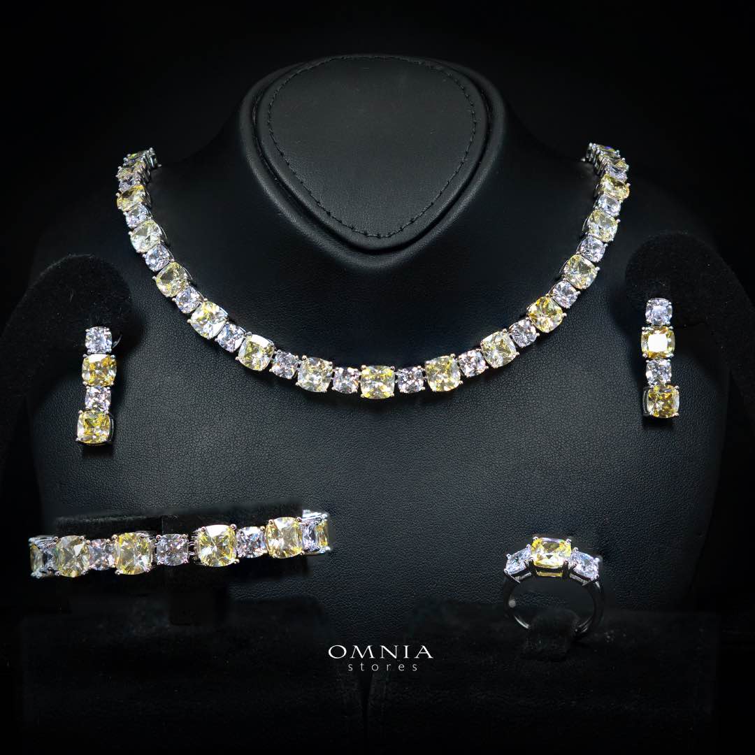 Omnia Alya Yellow and White Bridal Full Set in High Quality Simulated Diamonds Premium Rhodium Plated - OMNIASTORES UAE