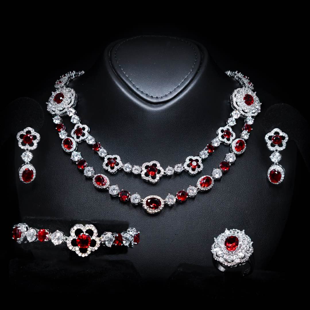 Omnia Esra Red Full Set in High Quality Simulated Diamonds Premium Rhodium Plated - OMNIASTORES UAE