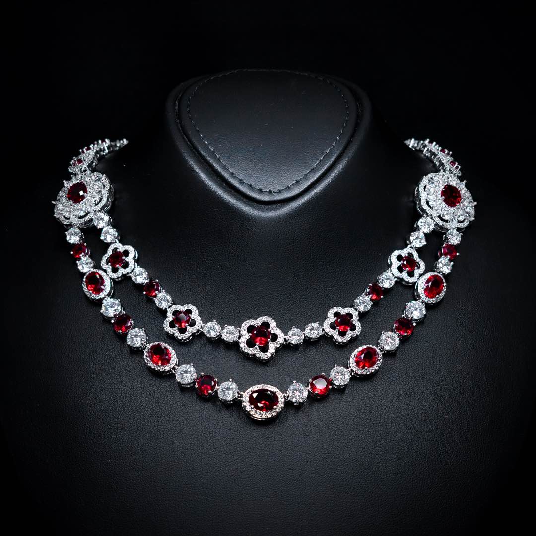 Omnia Esra Red Full Set in High Quality Simulated Diamonds Premium Rhodium Plated - OMNIASTORES KSA
