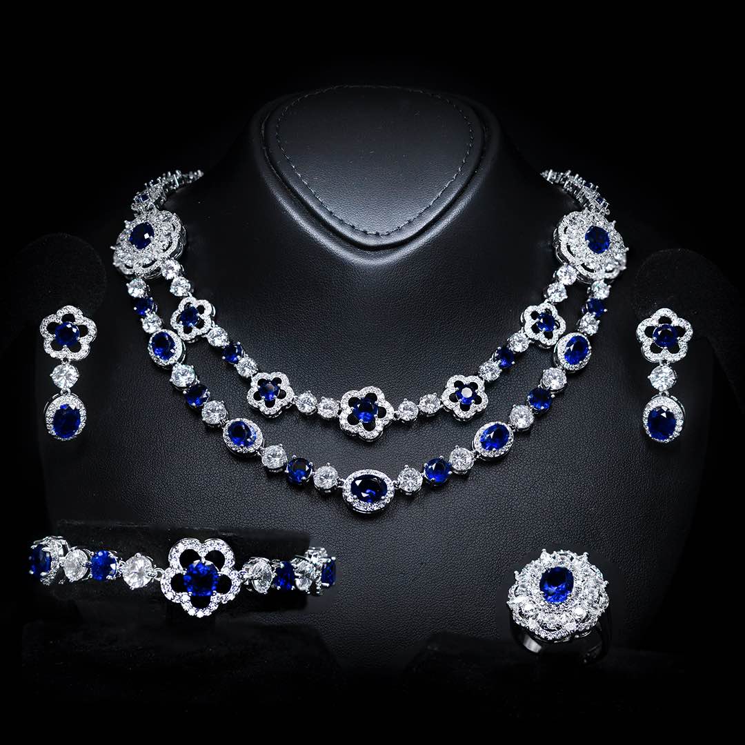 Omnia Esra Blue Full Set in High Quality Simulated Diamonds Premium Rhodium Plated - OMNIASTORES KSA