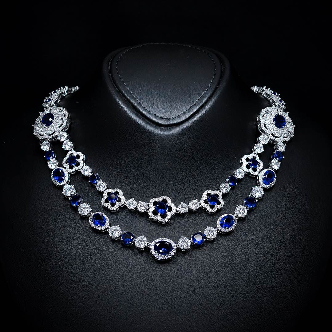 Omnia Esra Blue Full Set in High Quality Simulated Diamonds Premium Rhodium Plated - OMNIASTORES KSA