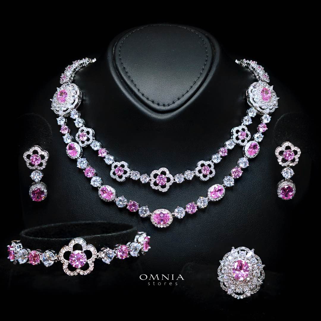 Omnia Esra Pink Luxury Bridal Full Set in High Quality Simulated Diamond Rhodium Plated - OMNIASTORES KSA