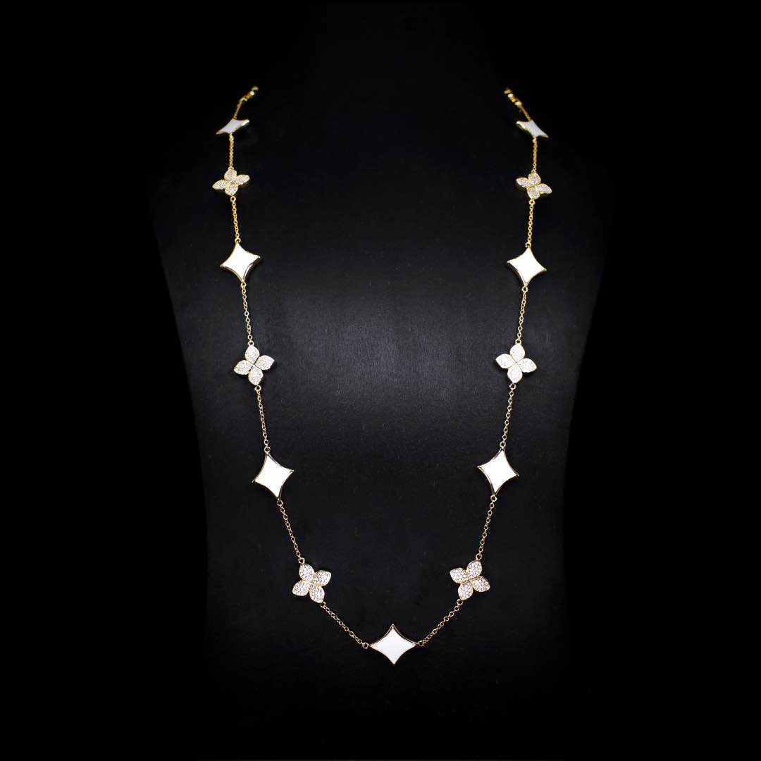 Omnia Golden Clove White Long Chain Full Set with High-Quality Simulated Diamonds 18k Gold Plated 100cm - OMNIASTORES KSA