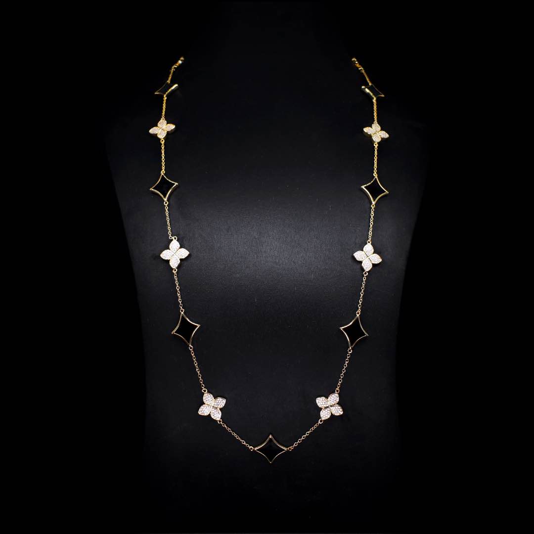 Omnia Golden Clove Black Long Chain Full Set with High-Quality Simulated Diamonds 18k Gold Plated 100cm - OMNIASTORES UAE