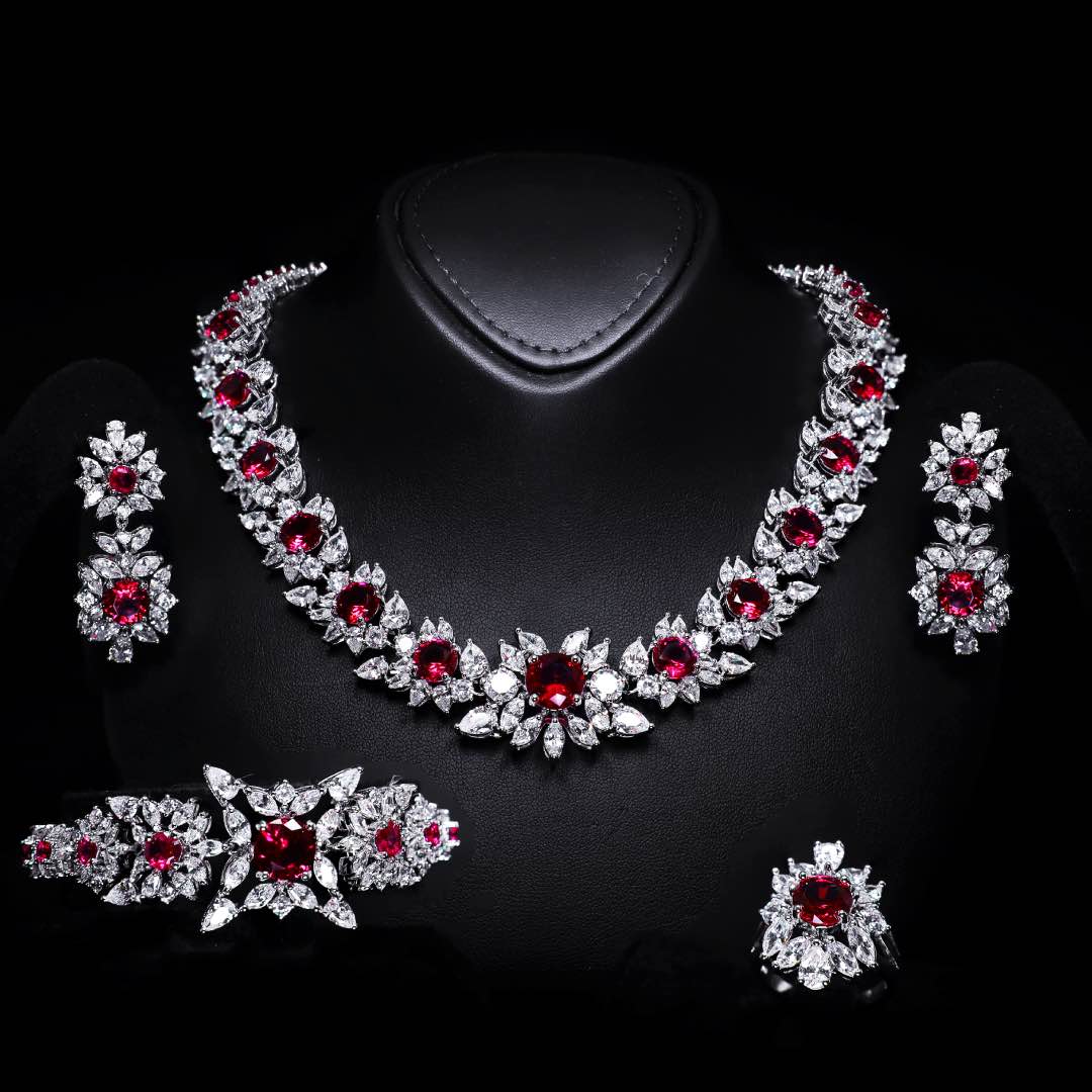 Omnia Nareen Red Bridal Full Set in High Quality Simulated Diamonds Premium Rhodium Plated