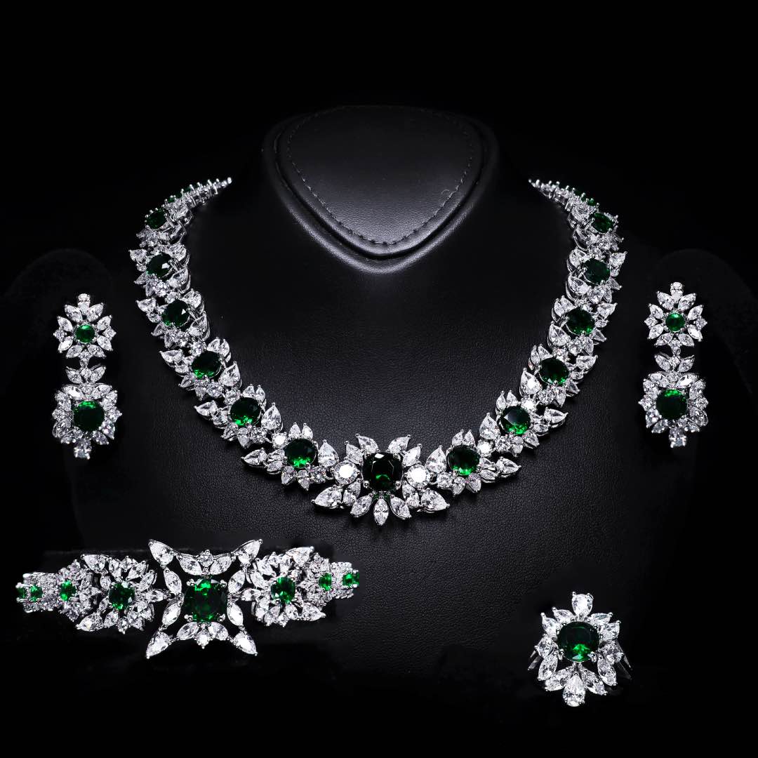 Omnia Nareen Green Bridal Full Set in High Quality Simulated Diamonds Premium Rhodium Plated