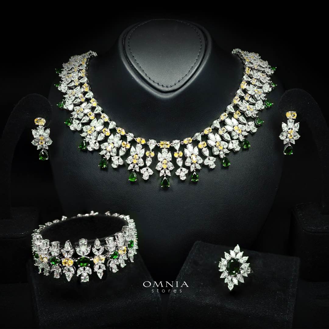 Omnia Dema Emerald Green and Yellow Bridal Full Set in High Quality Zircon Stone Rhodium Plated - OMNIASTORES KSA