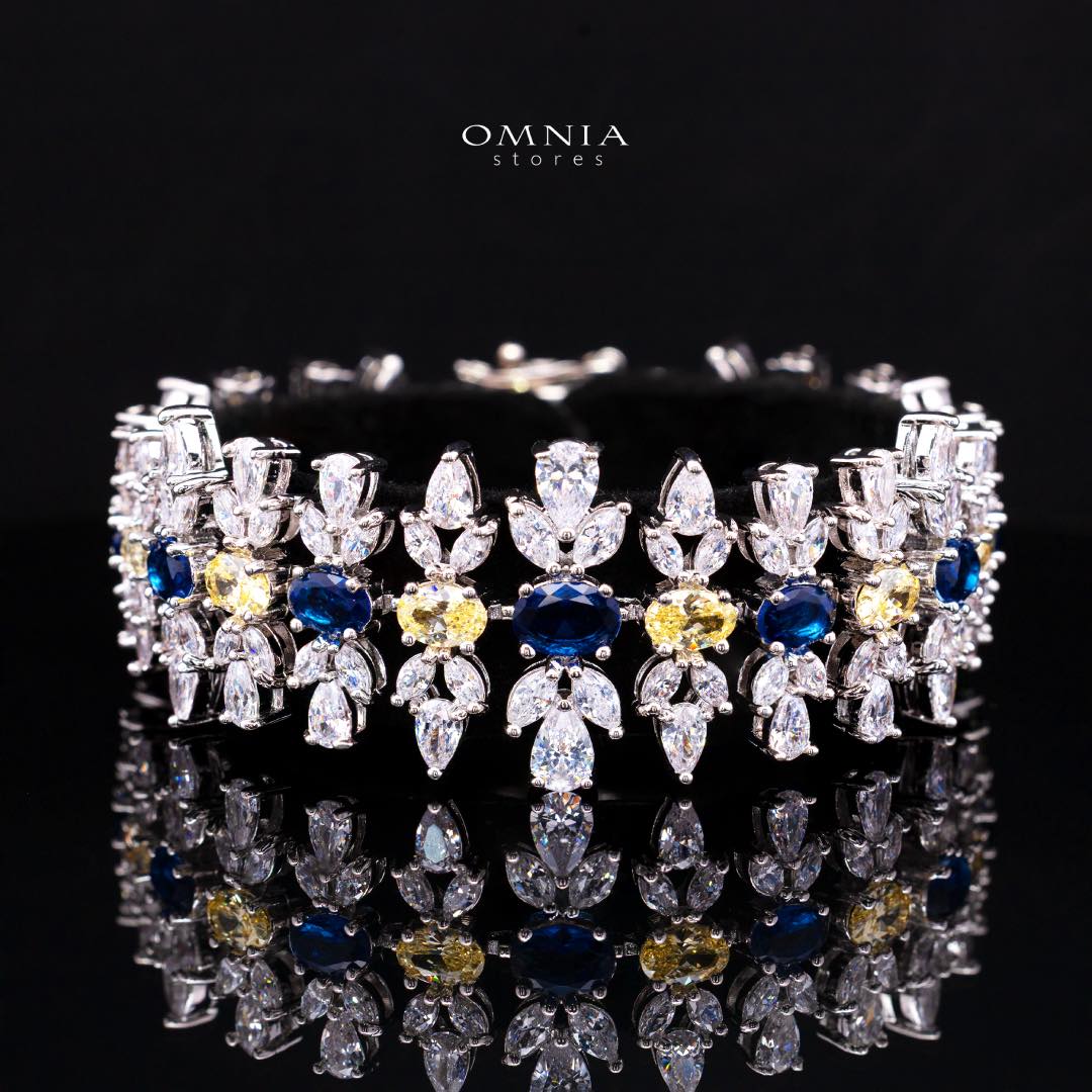 Omnia Dema Blue and Yellow Bridal Full Set in High Quality Simulated Diamonds Premium Rhodium Plated