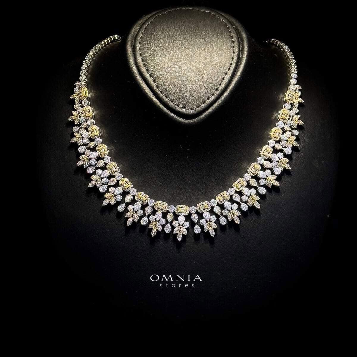 Omnia Sara Golden Bridal Full Set with Leaf Cut Stones in High Quality Zircon Stone in Rhodium Plated