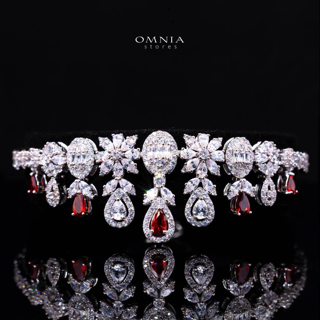 Omnia Trisha Red Full set Accessories in High Quality Zircon Stone in Rhodium Plated - OMNIASTORES KSA
