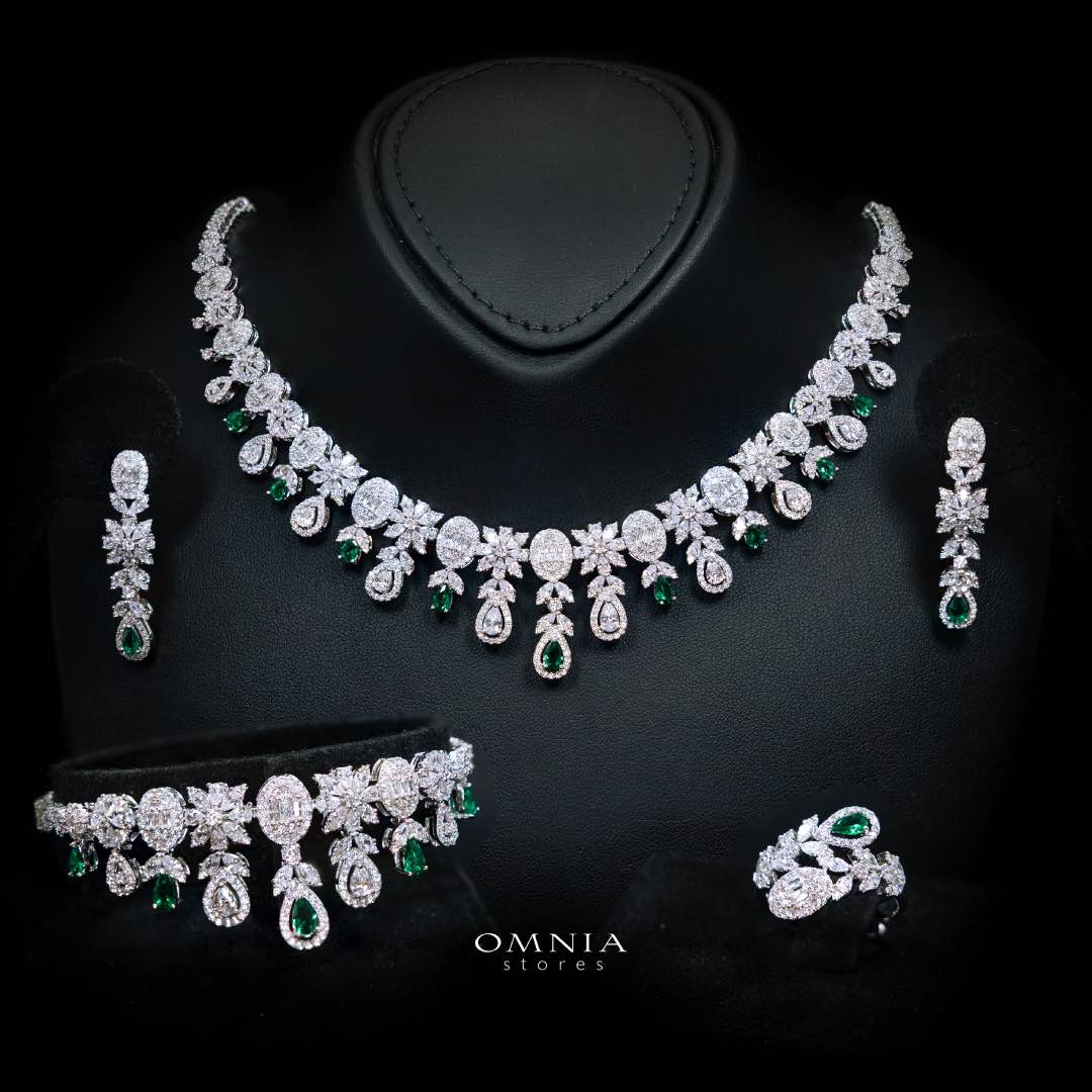 Omnia Trisha Green Bridal Full Set Accessories in High Quality Zircon Stone Rhodium Plated - OMNIASTORES KSA