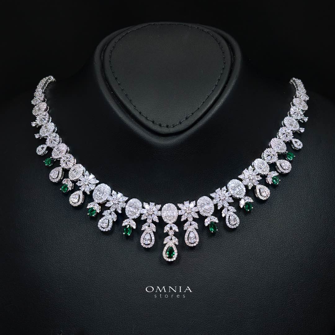 Omnia Trisha Green Bridal Full Set Accessories in High Quality Zircon Stone Rhodium Plated - OMNIASTORES KSA
