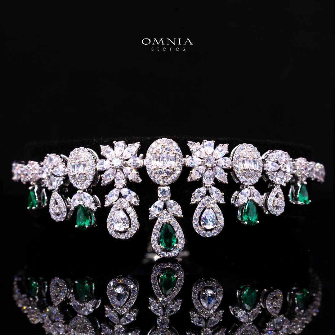 Omnia Trisha Green Bridal Full Set Accessories in High Quality Zircon Stone Rhodium Plated - OMNIASTORES KSA