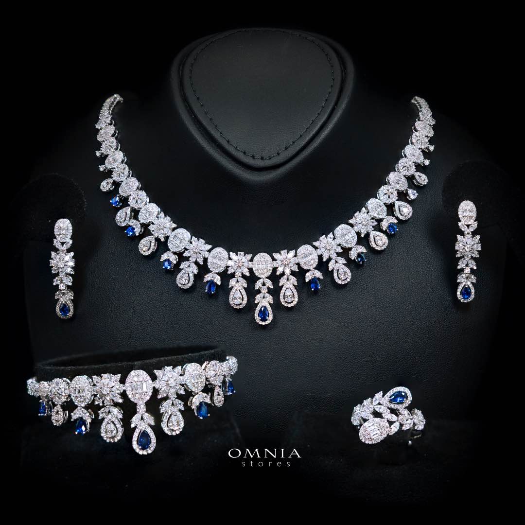 Omnia Trisha Blue Bridal Full Set Accessories in High Quality Zircon Stone Rhodium Plated - OMNIASTORES KSA