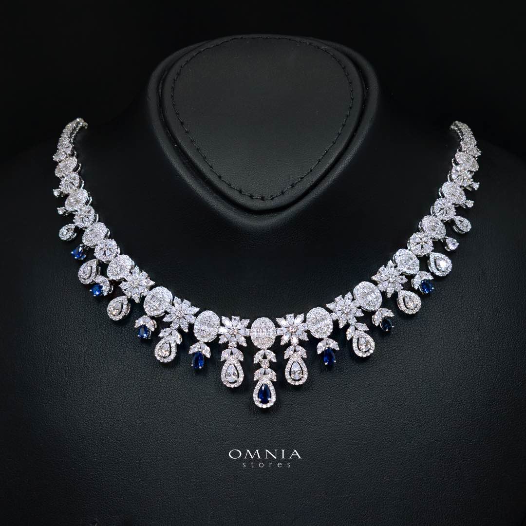 Omnia Trisha Blue Bridal Full Set Accessories in High Quality Zircon Stone Rhodium Plated - OMNIASTORES KSA