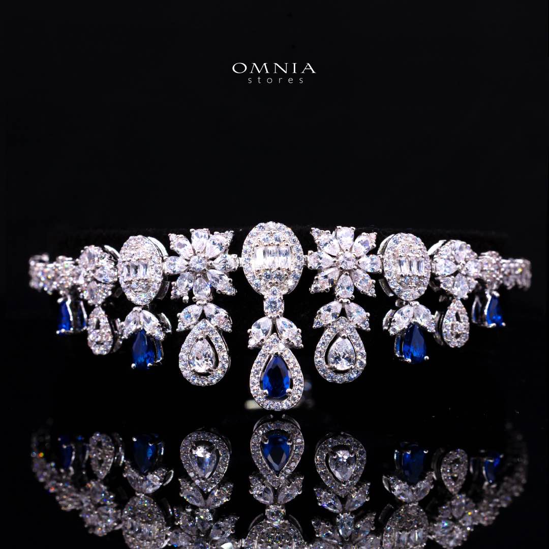 Omnia Trisha Blue Bridal Full Set Accessories in High Quality Zircon Stone Rhodium Plated - OMNIASTORES KSA