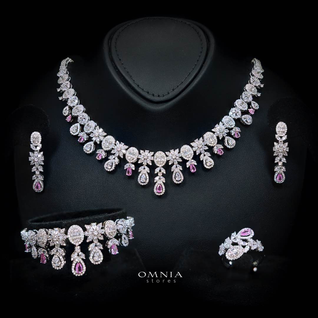 Omnia Trisha Pink Full set Accessories in High Quality Zircon Stone in Rhodium Plated - OMNIASTORES KSA