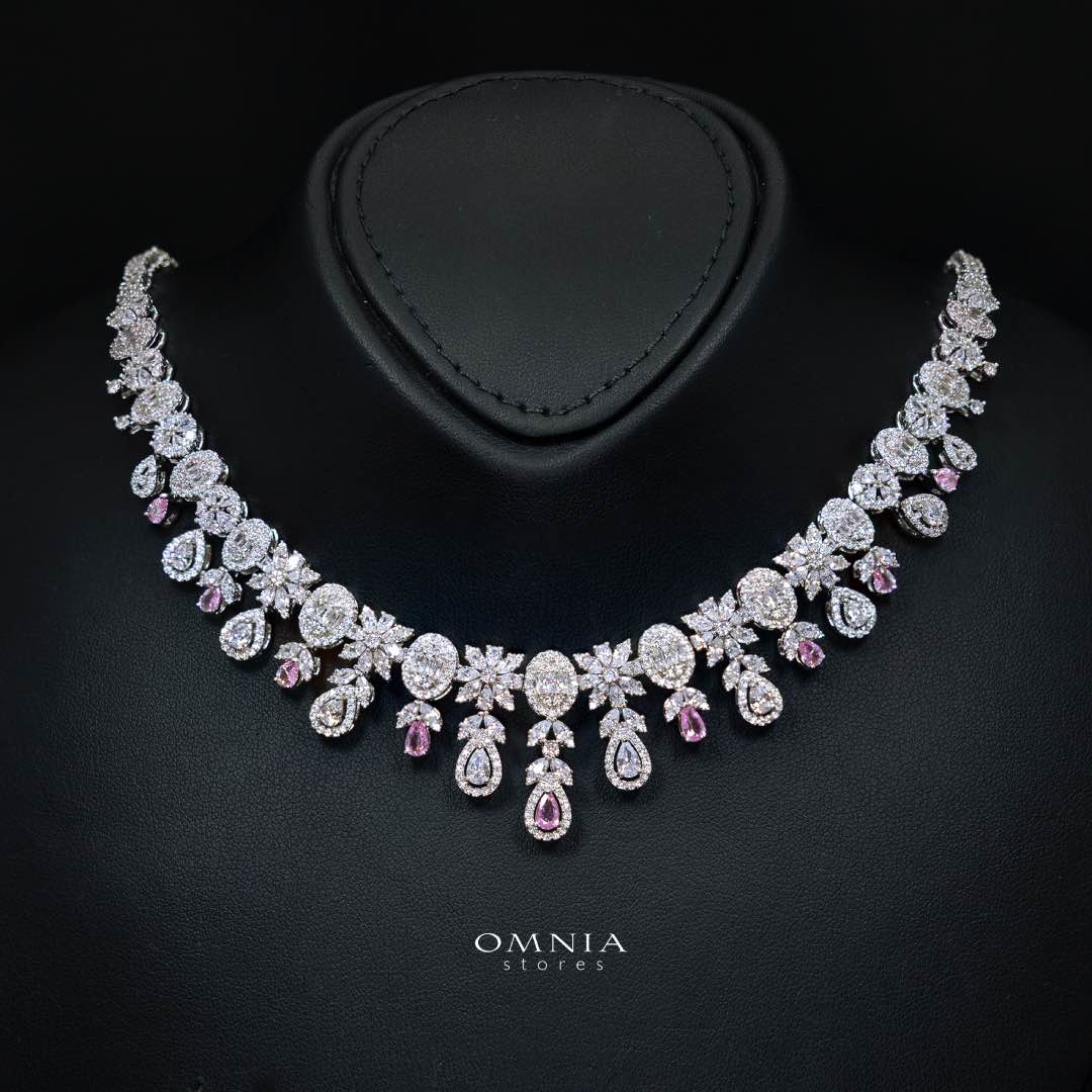Omnia Trisha Pink Full set Accessories in High Quality Zircon Stone in Rhodium Plated - OMNIASTORES KSA