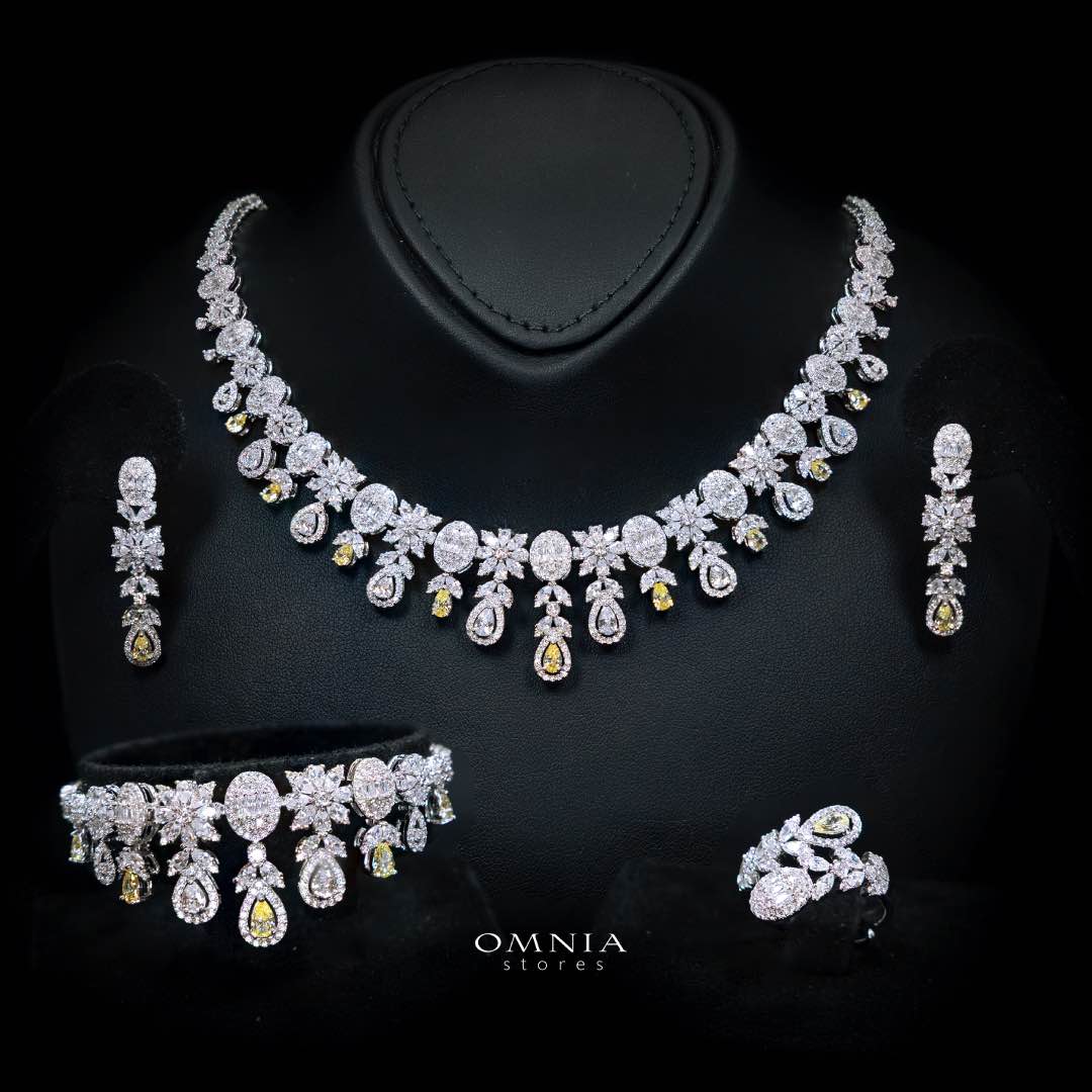 Omnia Trisha Yellow Luxury Bridal Full Set in High Quality Zircon Stone Rhodium Plated(16 size only available in ksa) - OMNIASTORES KSA