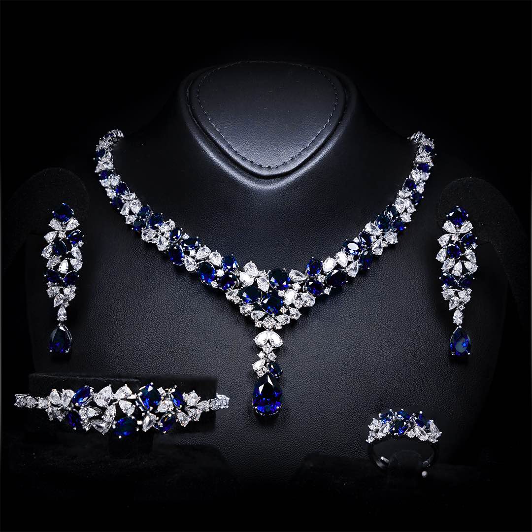 Omnia Reman Blue Bridal Full Set in High Quality Zircon Stone Premium Rhodium Plated - OMNIASTORES UAE