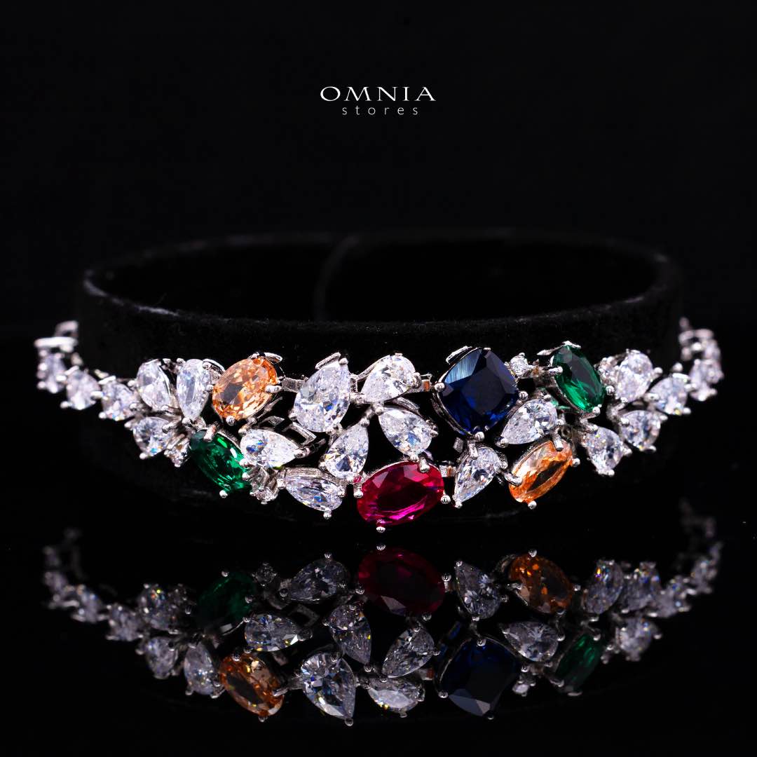Omnia Reman Multi-color Bridal Full Set in High Quality Zircon Stone in Rhodium Plated