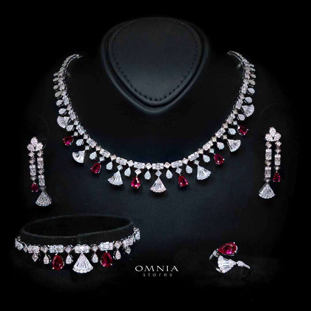 Omnia Marwa Red Bridal Full Set in High Quality Zircon Stone Rhodium Plated - OMNIASTORES KSA