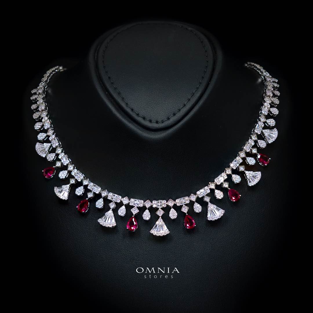 Omnia Marwa Red Bridal Full Set in High Quality Zircon Stone Rhodium Plated - OMNIASTORES KSA